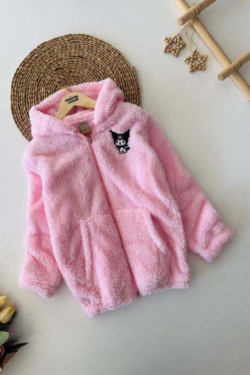 Miniğimin Cicileri Krm İşleme Detaylı Kapüşonlu Peluş Kız Çocuk Mont - Açık Pembe