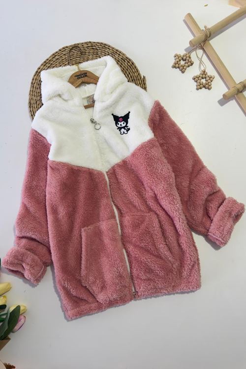 Miniğimin Cicileri Krm İşleme Çift Renk Kapüşonlu Peluş Kız Çocuk Mont - Somon