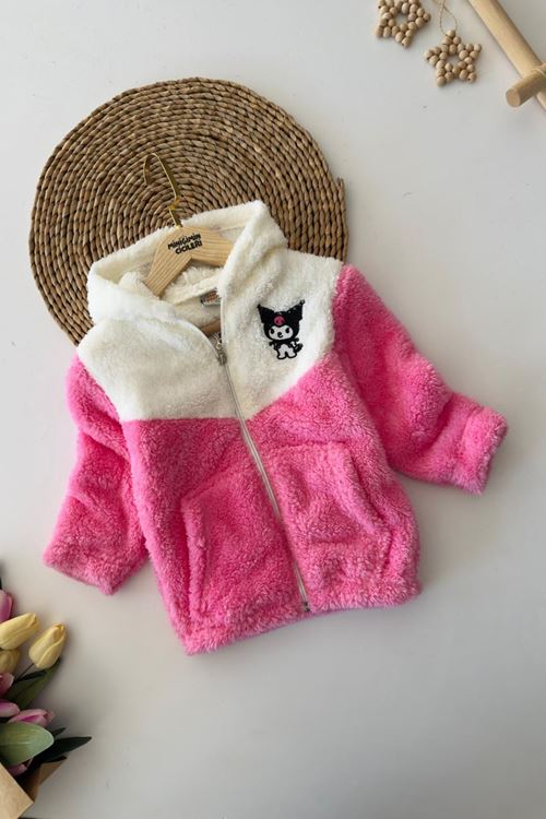 Miniğimin Cicileri Krm İşleme Çift Renk Kapüşonlu Peluş Kız Çocuk Mont - Koyu Pembe