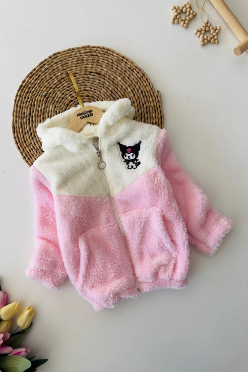 Miniğimin Cicileri Krm İşleme Çift Renk Kapüşonlu Peluş Kız Çocuk Mont - Açık Pembe