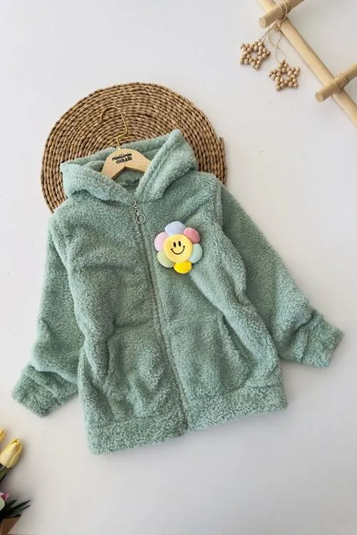 Miniğimin Cicileri Papatya 3D Detaylı Peluş Hırka - Yeşil