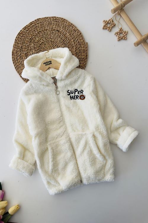Miniğimin Cicileri Süper Hero Ayıcık İşleme Erkek Çocuk Peluş Hırka - Beyaz