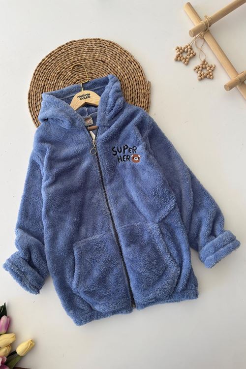 Miniğimin Cicileri Süper Hero Ayıcık İşleme Erkek Çocuk Peluş Hırka - Mavi