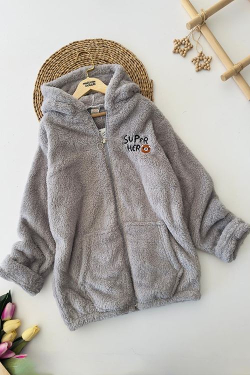 Miniğimin Cicileri Süper Hero Ayıcık İşleme Erkek Çocuk Peluş Hırka - Gri