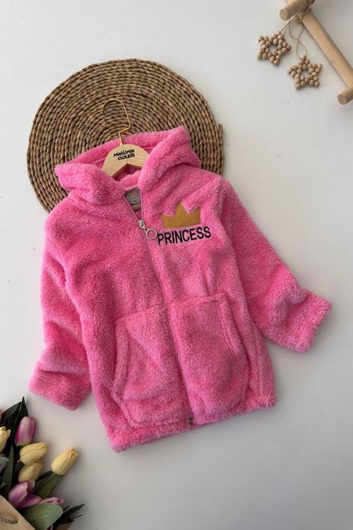 Miniğimin Cicileri Princess İşleme Kız Çocuk Kapüşonlu Peluş Hırka - Koyu Pembe