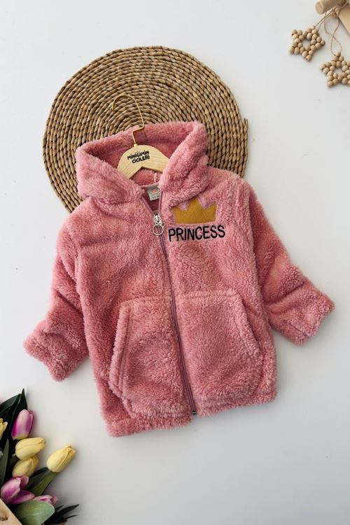 Miniğimin Cicileri Princess İşleme Kız Çocuk Kapüşonlu Peluş Hırka - Gül Kurusu