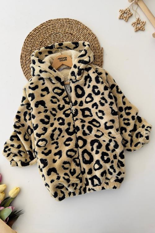 Miniğimin Cicileri Leopar Detaylı Kışlık Çocuk Kuzu Mont - Bej