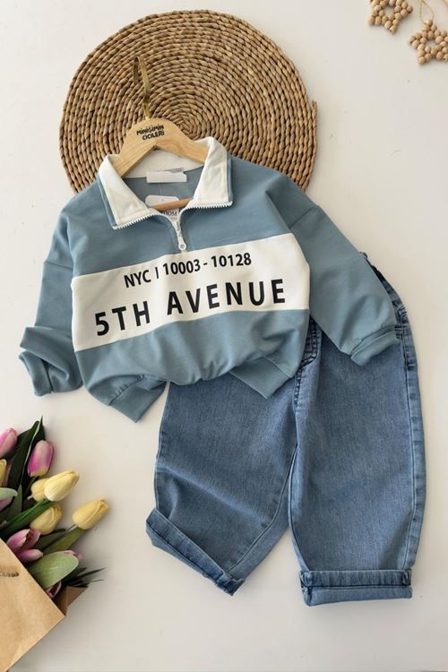 Miniğimin Cicileri 5th Avenue Baskılı Fermuarlı Sweatshirt ve Kot Pantolon 2’li Erkek Çocuk Takım - Mavi
