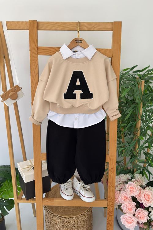 Miniğimin Cicileri A İşleme Gömlek Detaylı Erkek Çocuk 2 li Takım - Bej