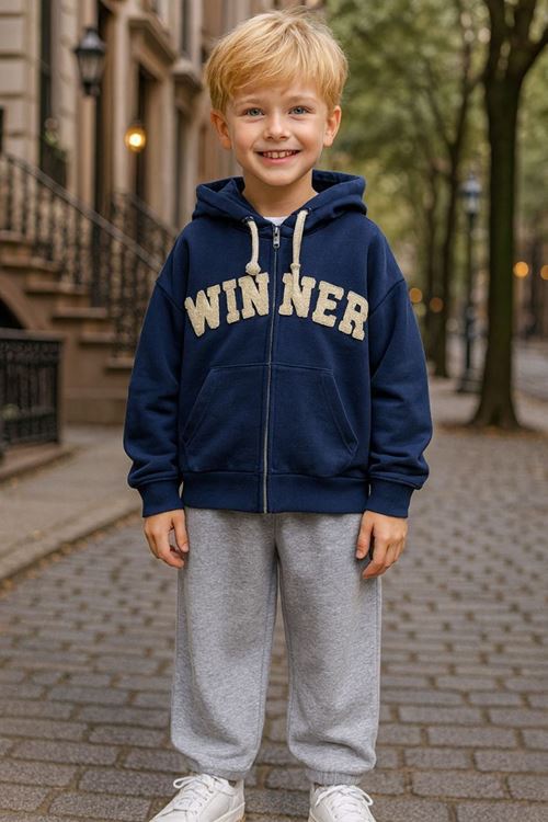 Miniğimin Cicileri Winner İşleme Kapüşonlu Hırkalı Erkek Çocuk 2 li Takım - Lacivert