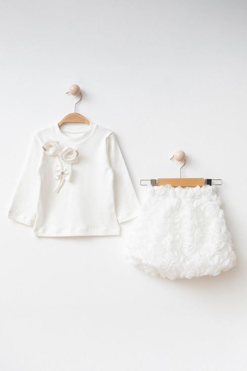 Miniğimin Cicileri 3D Çift Gül Detaylı Kız Çocuk Etekli Takım - Beyaz