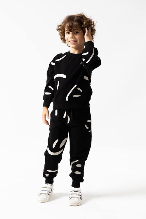 Miniğimin Cicileri Fırçalı Özel Kumaş Gülücük Baskılı Unitex Çocuk Takım - Siyah