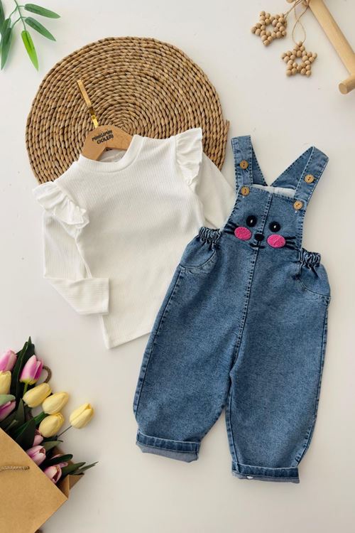 Miniğimin Cicileri Pembe Fırfırlı Uzun Kol Bluz ve Kot Askılı Tavşan Desenli Kız Bebek 2’li Tulum Takım - Beyaz