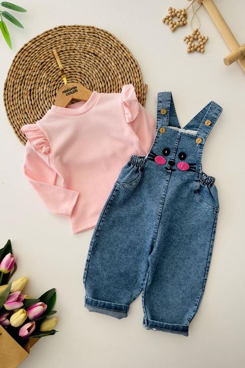 Miniğimin Cicileri Pembe Fırfırlı Uzun Kol Bluz ve Kot Askılı Tavşan Desenli Kız Bebek 2’li Tulum Takım - Pembe