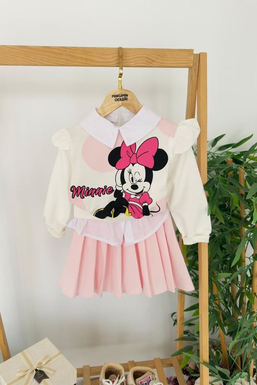 Miniğimin Cicileri Minnie Mouse Baskılı Fırfır Kol Sweatshirt ve Pileli Etekli Kız Çocuk 2’li Takım - Pembe