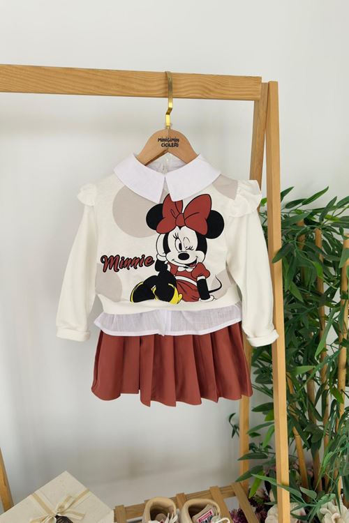Miniğimin Cicileri Minnie Mouse Baskılı Fırfır Kol Sweatshirt ve Pileli Etekli Kız Çocuk 2’li Takım - Kremit