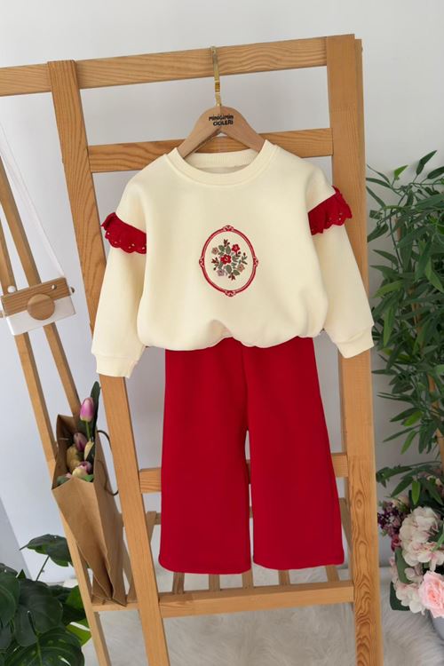 Miniğimin Cicileri Çiçek İşleme Detaylo Kolu Güpürlü Kışlık 2 li Kız Çocuk Takım - Kırmızı