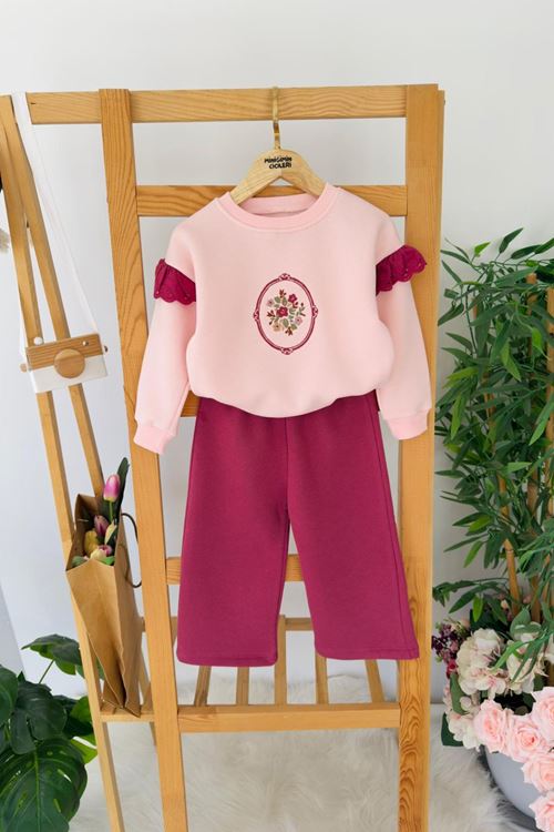 Miniğimin Cicileri Çiçek İşleme Detaylo Kolu Güpürlü Kışlık 2 li Kız Çocuk Takım - Mor