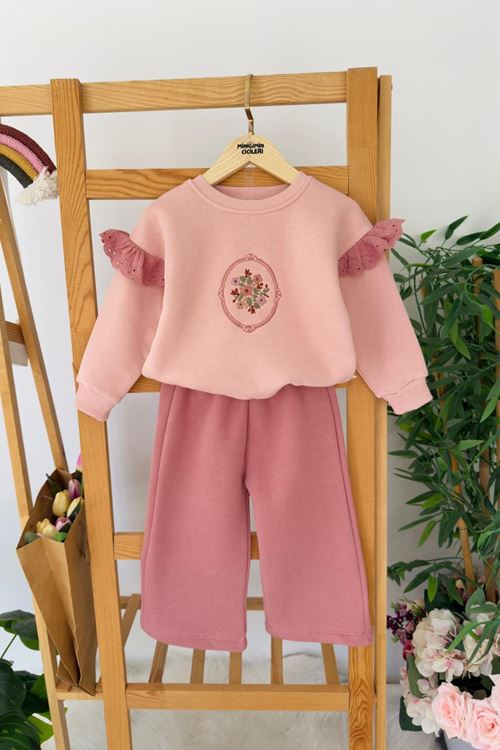 Miniğimin Cicileri Çiçek İşleme Detaylo Kolu Güpürlü Kışlık 2 li Kız Çocuk Takım - Pembe