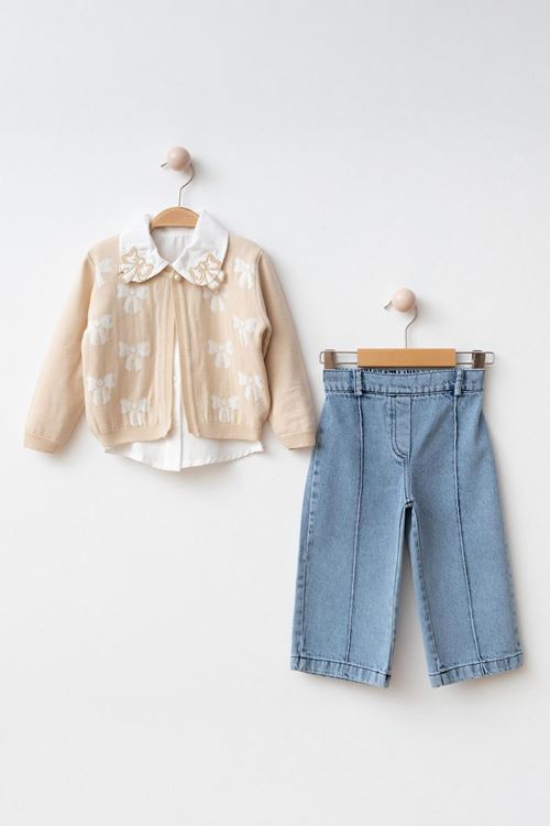 Miniğimin Cicileri Mini Fiyonk 3’lü Kız Çocuk Takım - Bej