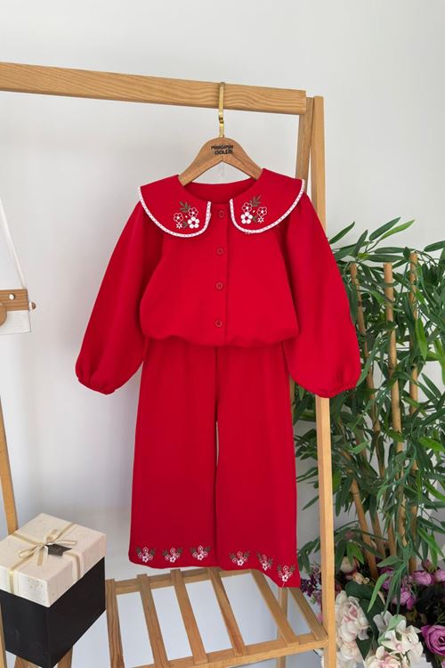 Miniğimin Cicileri Yaka Nakış Detaylı Kız Çocuk Uzun Gömlekli Takım - Kırmızı