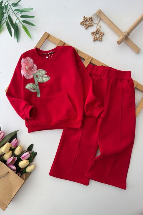 Miniğimin Cicileri Boncuklu Çiçek İşlemeli Çimalı Kız Çocuk Takım - Kırmızı