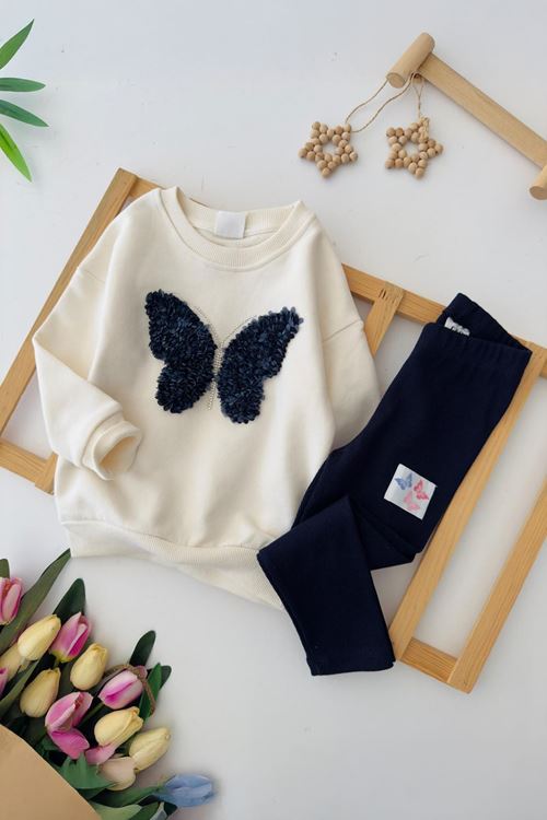 Miniğimin Cicileri Kelebek Tül Detaylı Renkli Taytlı Kız Çocuk Takım - Lacivert