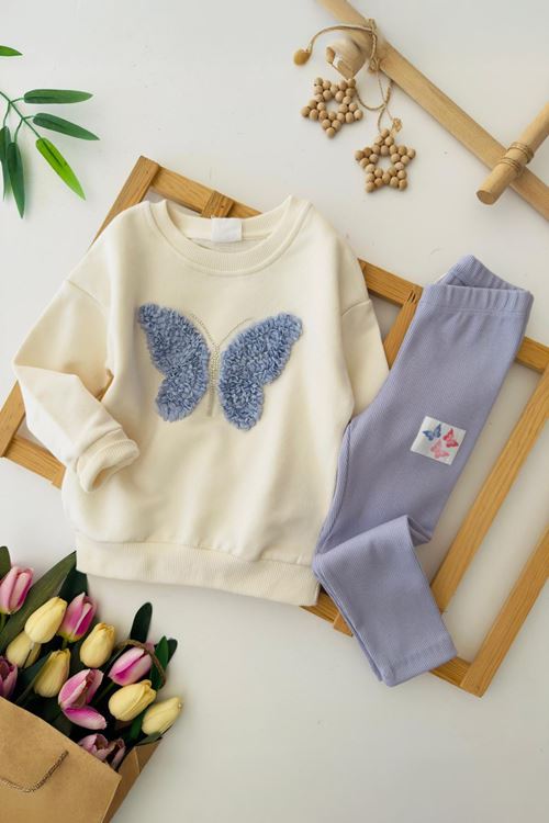 Miniğimin Cicileri Kelebek Tül Detaylı Renkli Taytlı Kız Çocuk Takım - Lila