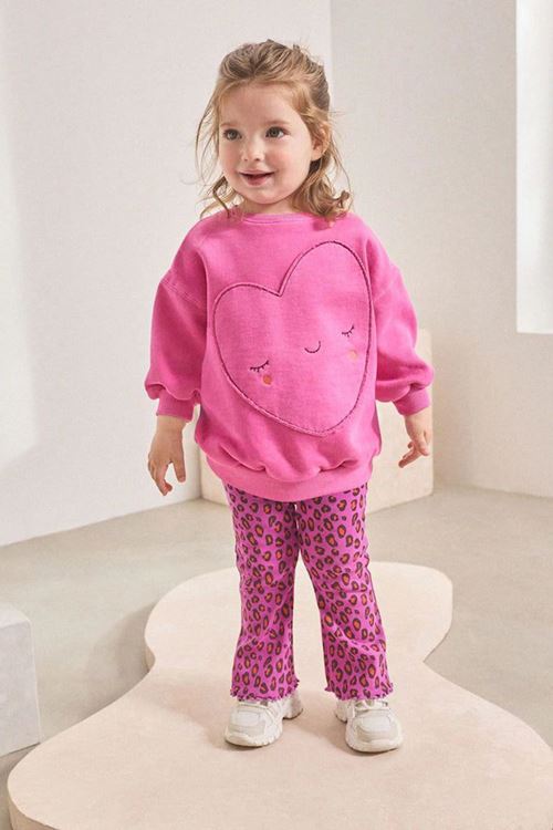 Miniğimin Cicileri Oversize Kalp Detaylı Leopar Tayt Kız Çocuk Takım - Fuşya