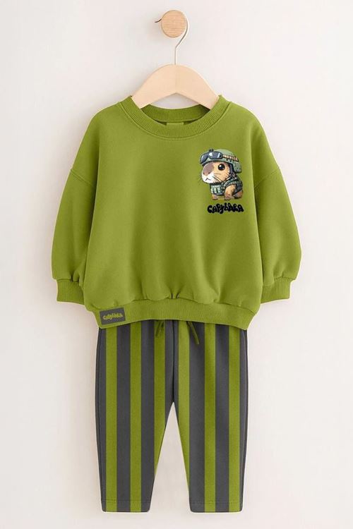Miniğimin Cicileri Sincap Baskılı Çizgili Eşofmanlı Unisex Çocuk Takım - Yeşil
