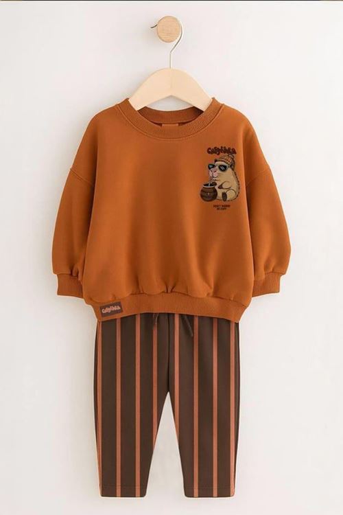 Miniğimin Cicileri Sincap Baskılı Çizgili Eşofmanlı Unisex Çocuk Takım - Kiremit