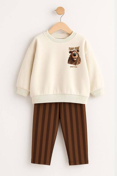 Miniğimin Cicileri Funny Ayıcık Baskılı Çizgili Detaylı Erkek Çocuk Takım - Kahve