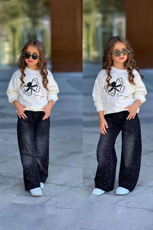 Miniğimin Cicileri Taşlı Kot Pantolonlu Kelebek Detaylı Kız Çocuk Takım - Siyah