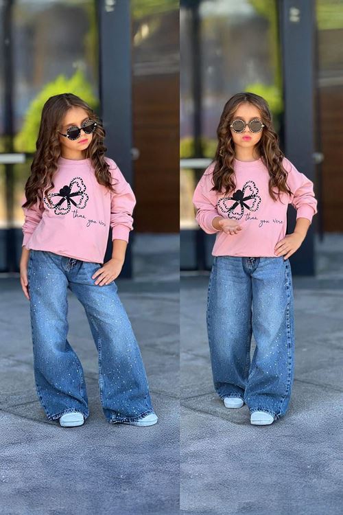 Miniğimin Cicileri Taşlı Kot Pantolonlu Kelebek Detaylı Kız Çocuk Takım - Pembe