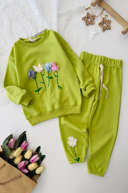 Miniğimin Cicileri Çiçek Detaylı Kız Çocuk Renkli Takım - Yeşil