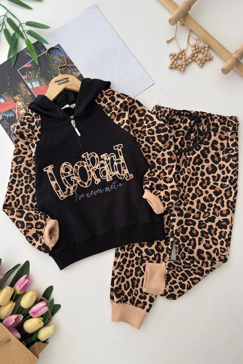 Miniğimin Cicileri Leopard Kapüşonlu Kız Çocuk Leopar Eşofman Takım - Siyah