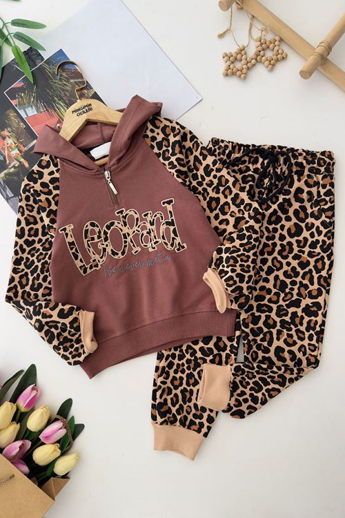 Miniğimin Cicileri Leopard Kapüşonlu Kız Çocuk Leopar Eşofman Takım - Kahverengi