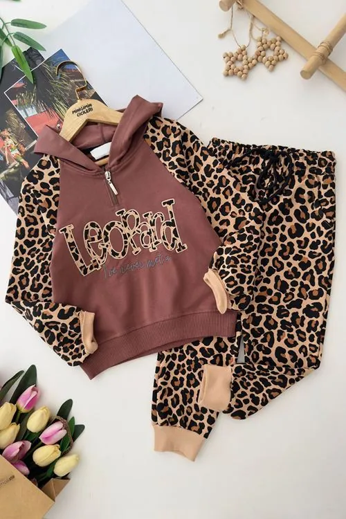 Miniğimin Cicileri Leopard Kapüşonlu Kız Çocuk Leopar Eşofman Takım - Kahverengi