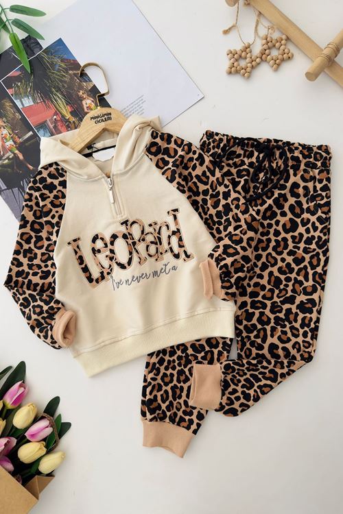 Miniğimin Cicileri Leopard Kapüşonlu Kız Çocuk Leopar Eşofman Takım - Krem