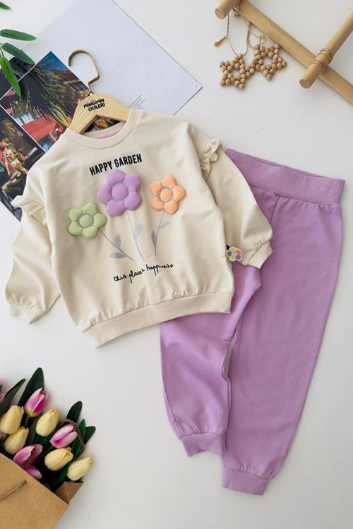 Mimiğimin Cicileri Renkli Papatya Desenli Kız Çocuk Pamuklu Penye Takım - Lila
