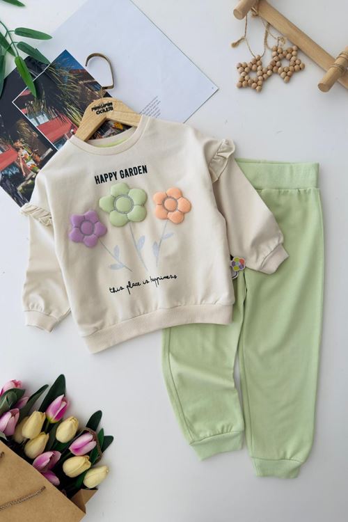 Mimiğimin Cicileri Renkli Papatya Desenli Kız Çocuk Pamuklu Penye Takım - Yeşil