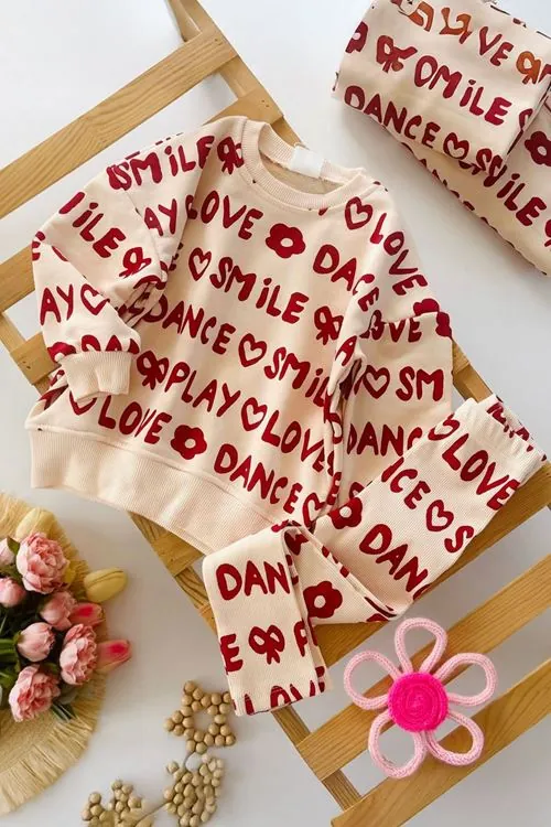 Miniğimin Cicileri Smile Love Yazı Desenli Kız Çocuk 2 li Takım - Krem
