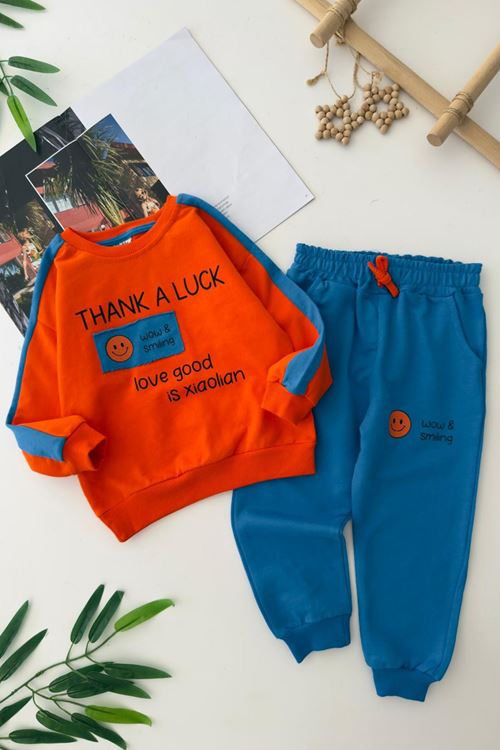 Miniğimin Cicileri Thank A Luck Baskılı Şeritli Erkek Çocuk Takım - Turuncu