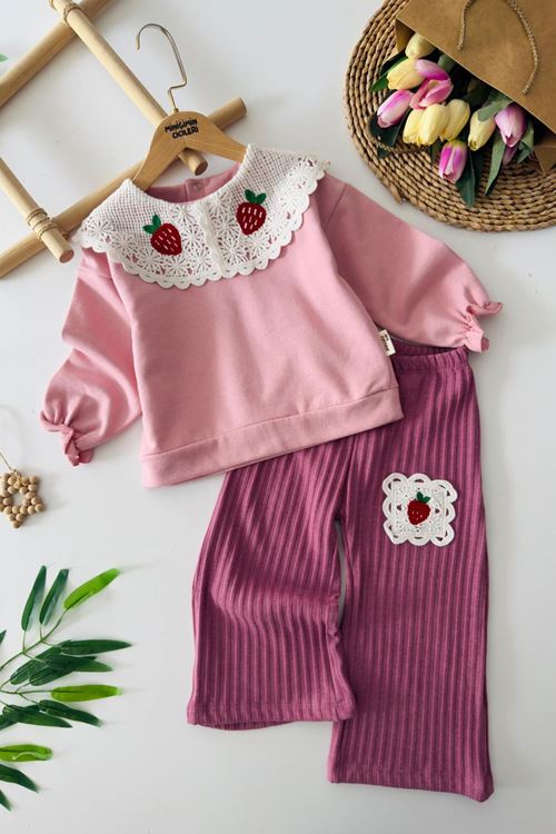 Miniğimin Cicileri Yaka Dantel Çilek Detaylı Kız Çocuk Takım - Gül Kurusu