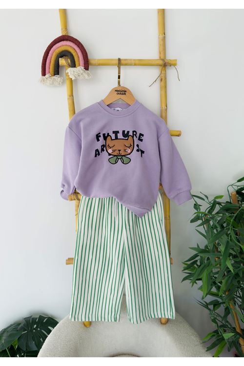 Miniğimin Cicileri Future Artist Baskılı Sweatshirt ve Yeşil Çizgili Kız Çocuk Pantolon Takım - Lila