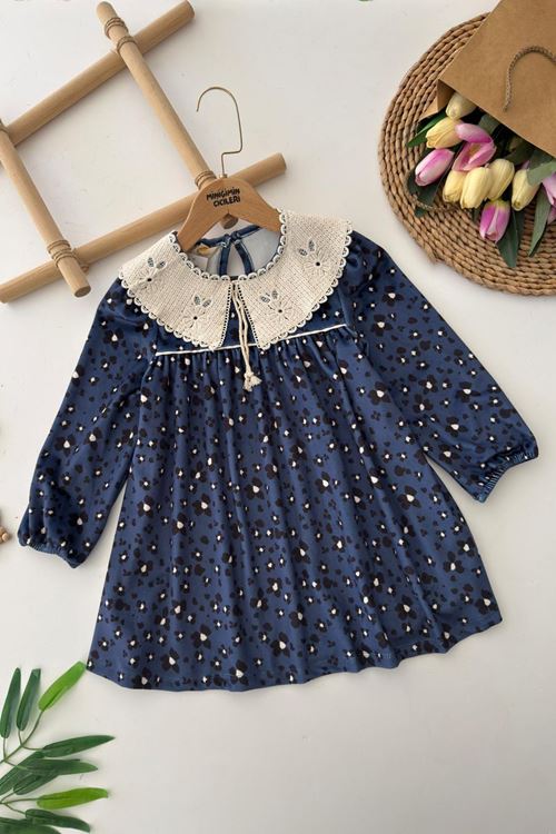 Miniğimin Cicileri Yaka Dantel Detaylo Leopar Kadife Kız Elbise - Mavi