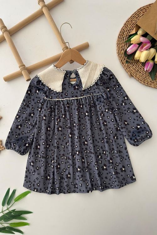 Miniğimin Cicileri Yaka Dantel Detaylo Leopar Kadife Kız Elbise - Antrasit