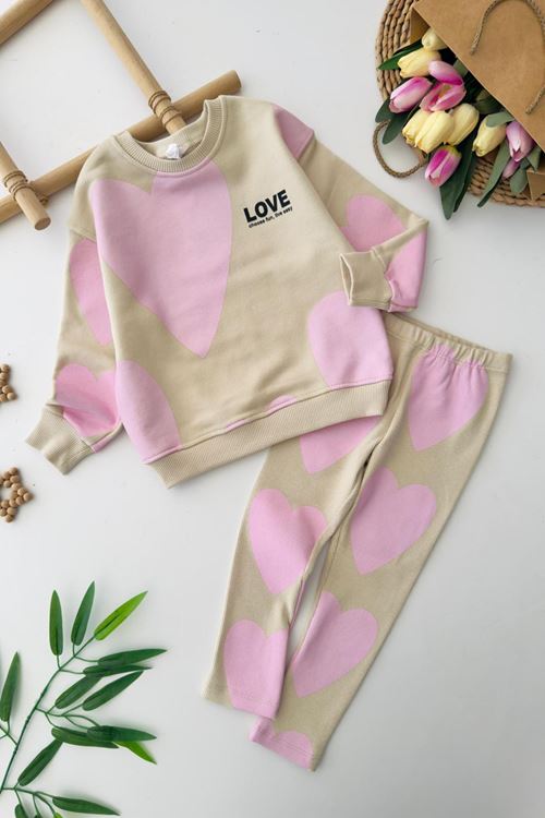 Miniğimin Cicileri Kalp Baskılı Taytlı Kız Çocuk Takım - Bej