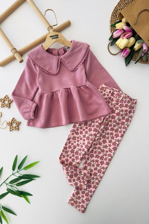 Miniğimin Cicileri Çiçek Baskılı Yaka Fisto Detaylı Renkli Kız Çocuk Takım - Pembe