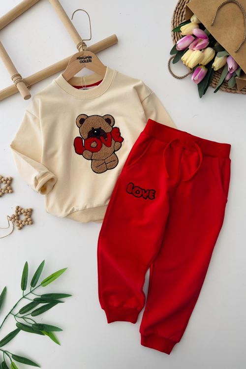 Miniğimin Cicileri Love Bear Panç İşleme Detaylı Erkek Çocuk Takım - Kırmızı